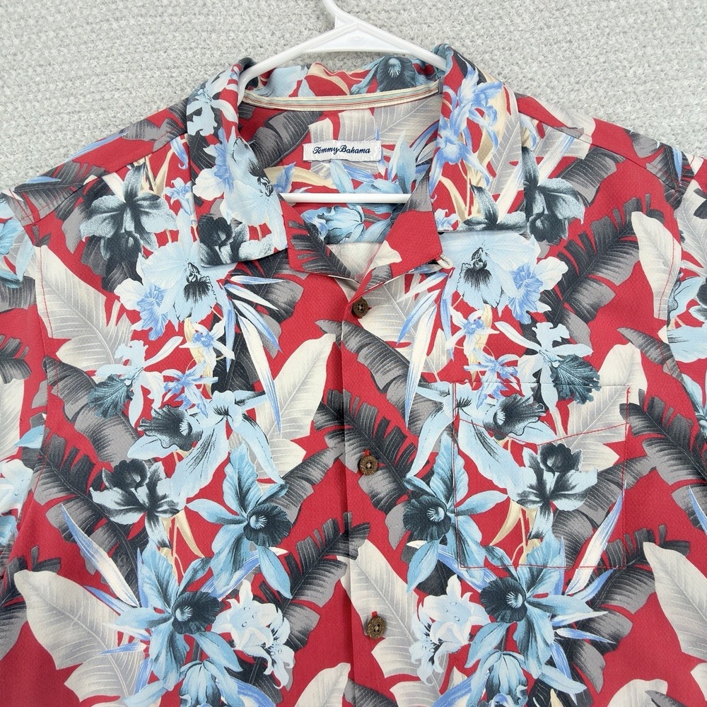 Tommy Bahama Shirt Mens Large Red Floral Hawaiian Da Vinci Vines Silk Coolmax
